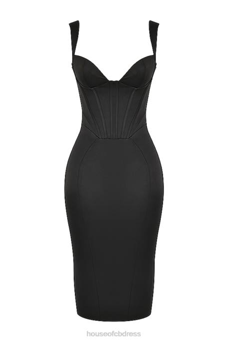 House of CB Fiorella Black Satin Corset Midi Dress Clothing 4H6N475