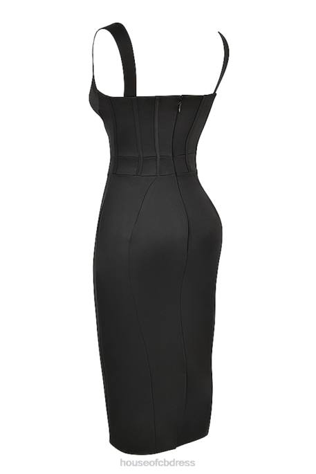 House of CB Fiorella Black Satin Corset Midi Dress Clothing 4H6N475