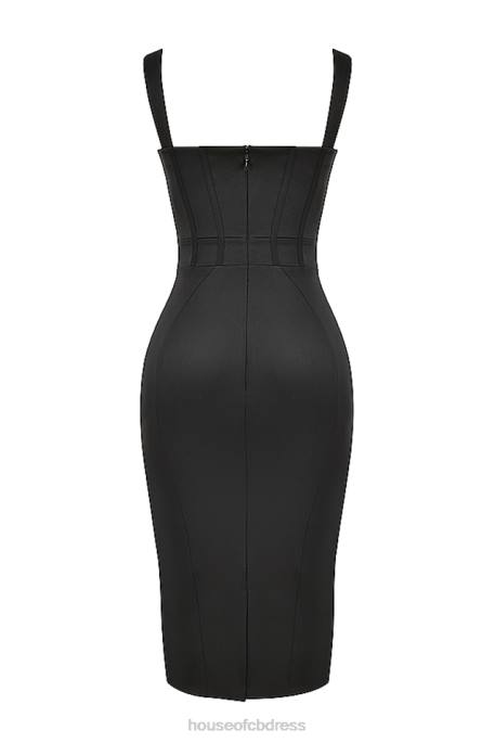 House of CB Fiorella Black Satin Corset Midi Dress Clothing 4H6N475
