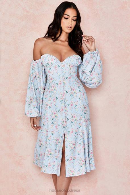 House of CB Hope Blue Floral Bardot Midi Sundress Clothing 4H6N608