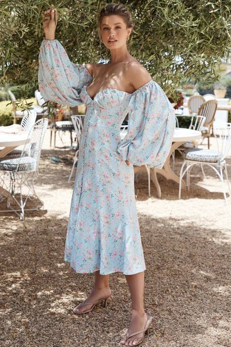 House of CB Hope Blue Floral Bardot Midi Sundress Clothing 4H6N608