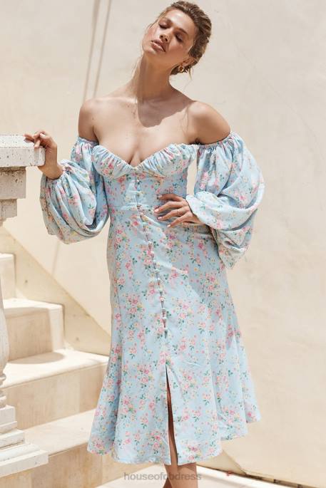 House of CB Hope Blue Floral Bardot Midi Sundress Clothing 4H6N608