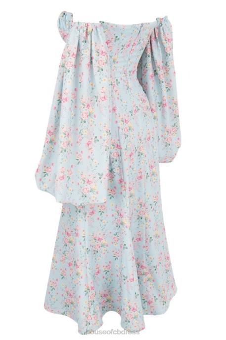 House of CB Hope Blue Floral Bardot Midi Sundress Clothing 4H6N608