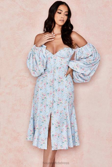 House of CB Hope Blue Floral Bardot Midi Sundress Clothing 4H6N608