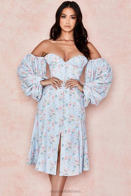 House of CB Hope Blue Floral Bardot Midi Sundress Clothing 4H6N608