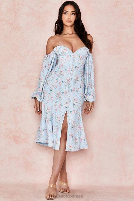 House of CB Hope Blue Floral Bardot Midi Sundress Clothing 4H6N608
