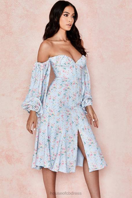 House of CB Hope Blue Floral Bardot Midi Sundress Clothing 4H6N608