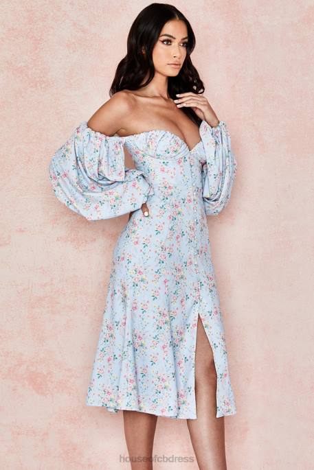 House of CB Hope Blue Floral Bardot Midi Sundress Clothing 4H6N608