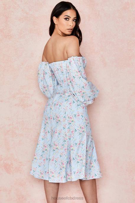 House of CB Hope Blue Floral Bardot Midi Sundress Clothing 4H6N608