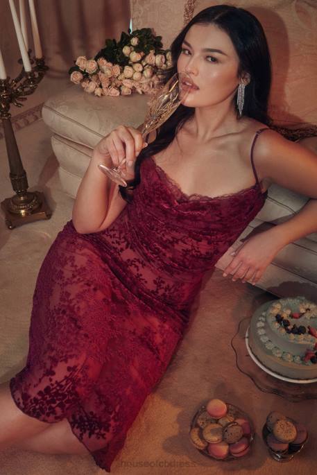 House of CB Ione Cranberry Devore Midi Dress Clothing 4H6N323