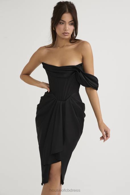 House of CB Janis Black Satin Corset Midi Dress Clothing 4H6N477