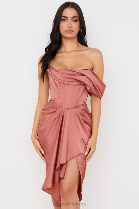 House of CB Janis Rouge Satin One Shoulder Draped Midi Dress Clothing 4H6N560