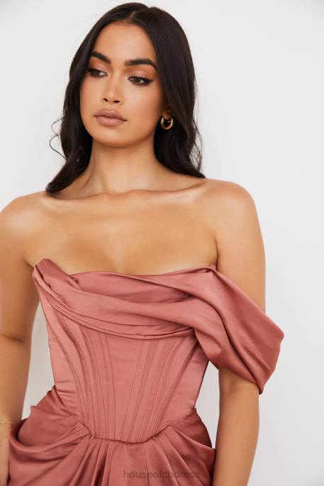 House of CB Janis Rouge Satin One Shoulder Draped Midi Dress Clothing 4H6N560