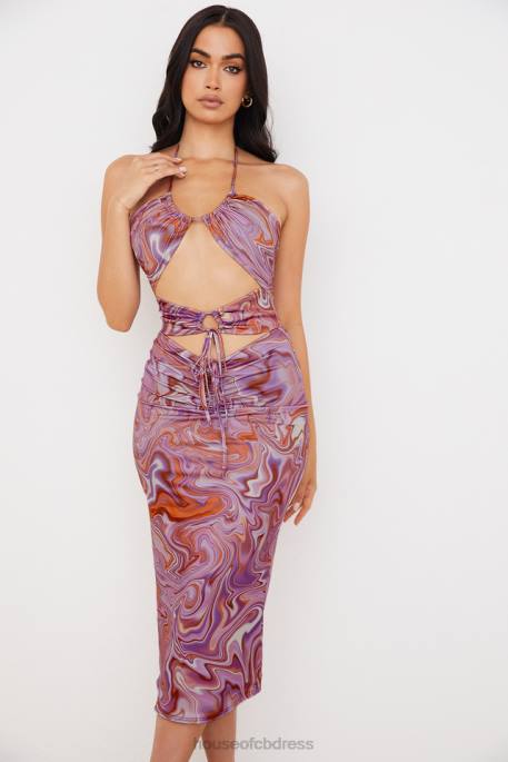 House of CB Kasia Purple Swirl Cutout Midi Dress Clothing 4H6N570