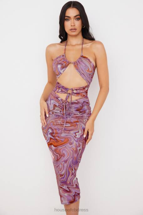 House of CB Kasia Purple Swirl Cutout Midi Dress Clothing 4H6N570