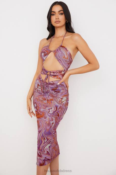 House of CB Kasia Purple Swirl Cutout Midi Dress Clothing 4H6N570