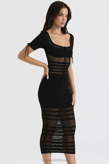 House of CB Lilla Black Openwork Knit Midi Dress Clothing 4H6N362