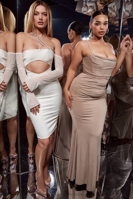 House of CB Loulou Ivory Satin Cutout Midi Dress Clothing 4H6N519
