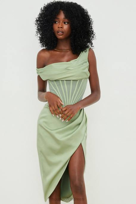 House of CB Lulu Pistachio Asymmetric Drape Midi Corset Dress Clothing 4H6N559