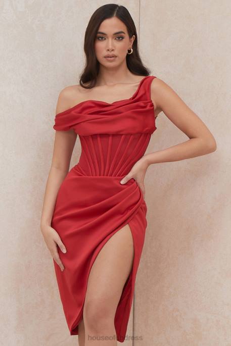 House of CB Lulu Red Asymmetric Drape Midi Corset Dress Clothing 4H6N587