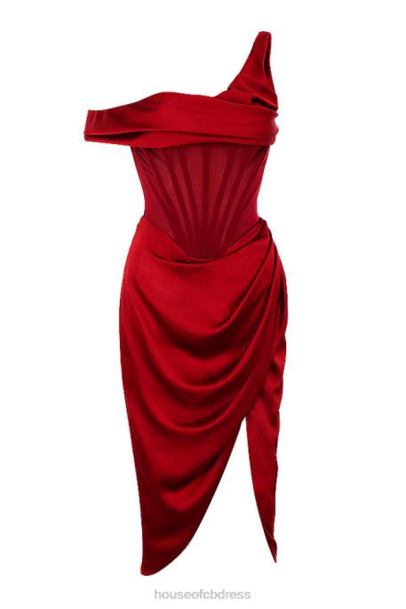 House of CB Lulu Red Asymmetric Drape Midi Corset Dress Clothing 4H6N587