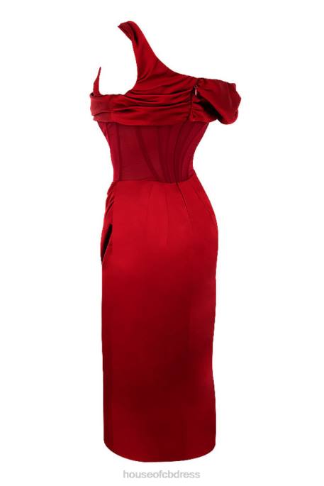 House of CB Lulu Red Asymmetric Drape Midi Corset Dress Clothing 4H6N587