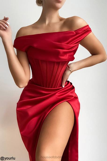 House of CB Lulu Red Asymmetric Drape Midi Corset Dress Clothing 4H6N587