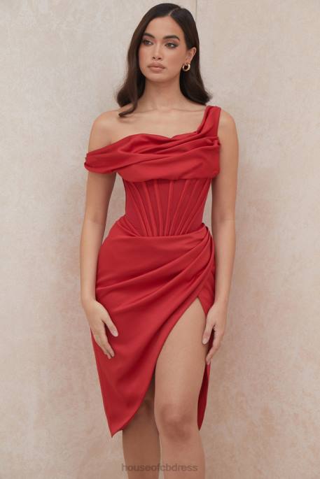 House of CB Lulu Red Asymmetric Drape Midi Corset Dress Clothing 4H6N587