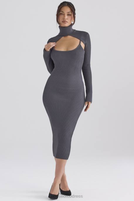 House of CB Meliora Charcoal Knit Midi Dress Clothing 4H6N310