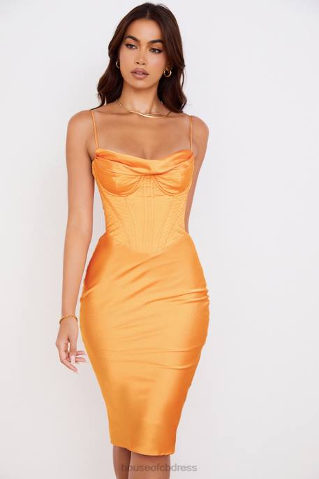 House of CB Myrna Tangerine Satin Corset Midi Dress Clothing 4H6N537