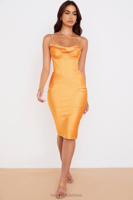 House of CB Myrna Tangerine Satin Corset Midi Dress Clothing 4H6N537