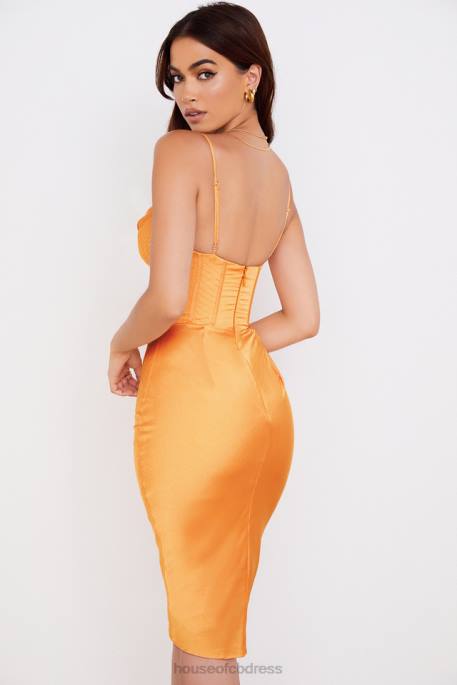 House of CB Myrna Tangerine Satin Corset Midi Dress Clothing 4H6N537