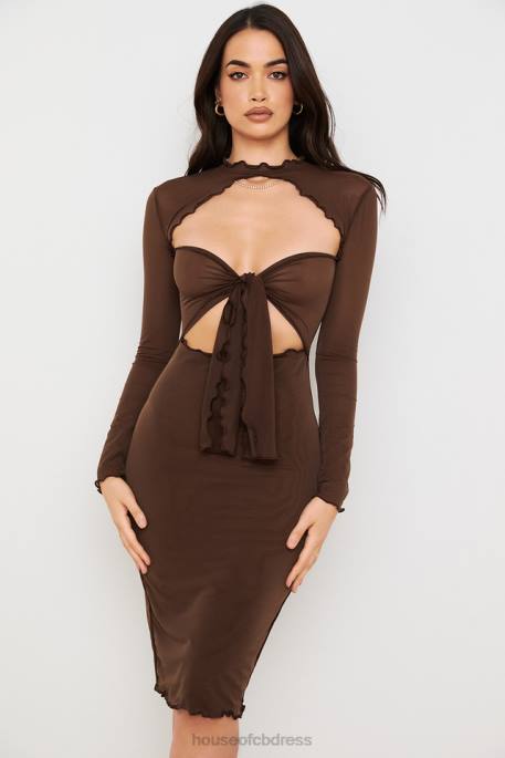 House of CB Natalia Chocolate Power Mesh Tie Front Midi Dress Clothing 4H6N575