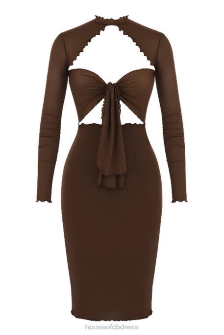 House of CB Natalia Chocolate Power Mesh Tie Front Midi Dress Clothing 4H6N575