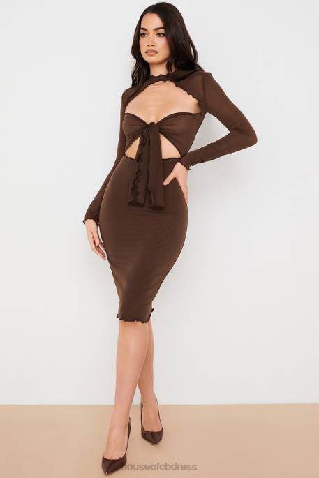 House of CB Natalia Chocolate Power Mesh Tie Front Midi Dress Clothing 4H6N575