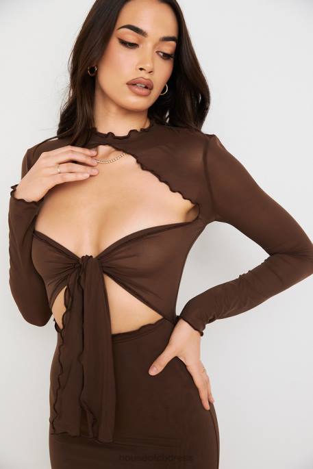 House of CB Natalia Chocolate Power Mesh Tie Front Midi Dress Clothing 4H6N575