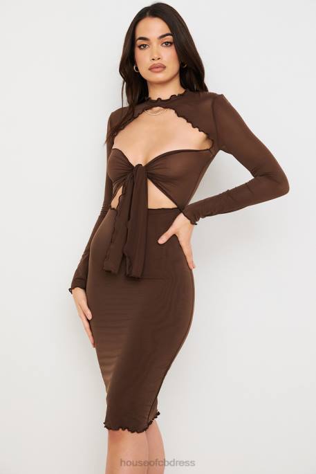 House of CB Natalia Chocolate Power Mesh Tie Front Midi Dress Clothing 4H6N575