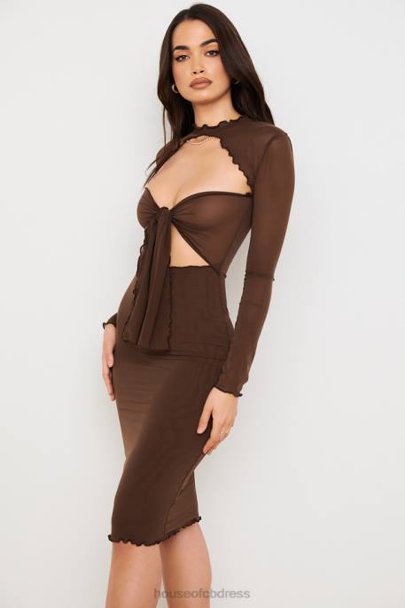 House of CB Natalia Chocolate Power Mesh Tie Front Midi Dress Clothing 4H6N575