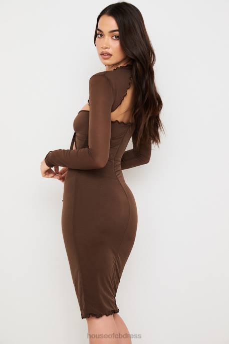 House of CB Natalia Chocolate Power Mesh Tie Front Midi Dress Clothing 4H6N575