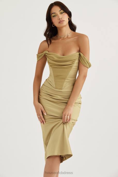 House of CB Natalya Olive Satin Corset Midi Dress Clothing 4H6N459