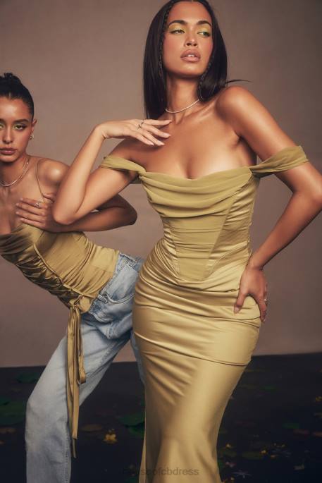 House of CB Natalya Olive Satin Corset Midi Dress Clothing 4H6N459