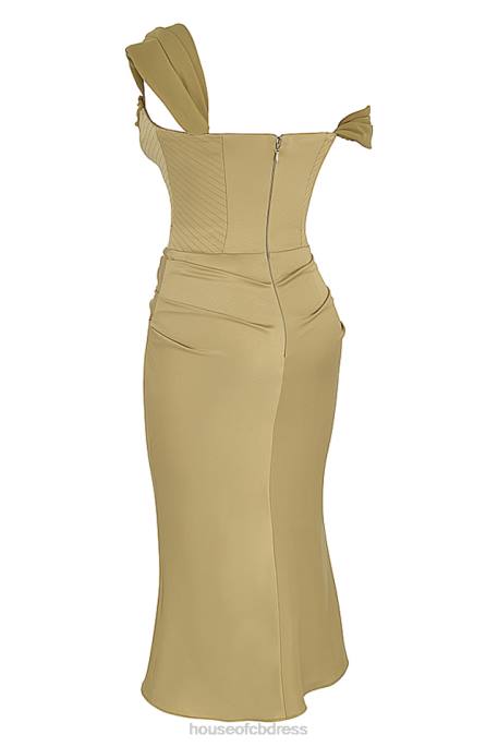 House of CB Natalya Olive Satin Corset Midi Dress Clothing 4H6N459