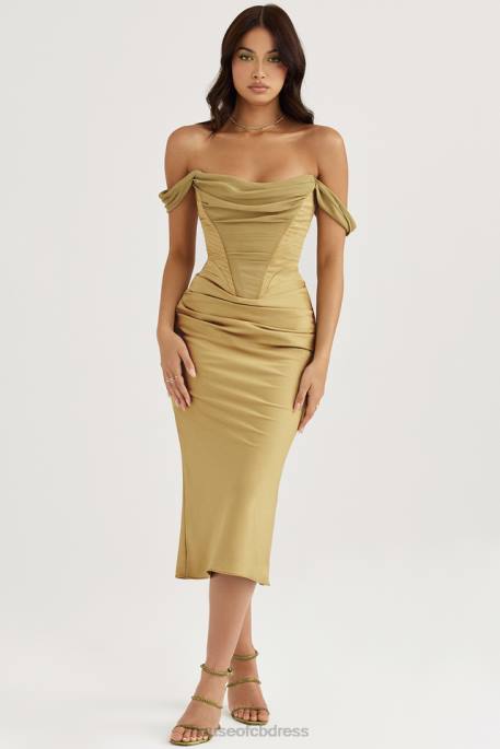House of CB Natalya Olive Satin Corset Midi Dress Clothing 4H6N459
