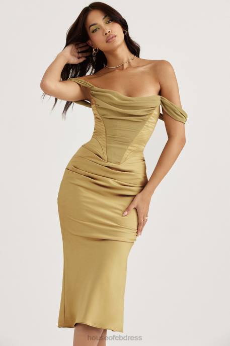 House of CB Natalya Olive Satin Corset Midi Dress Clothing 4H6N459