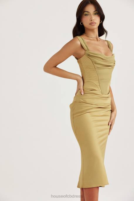 House of CB Natalya Olive Satin Corset Midi Dress Clothing 4H6N459