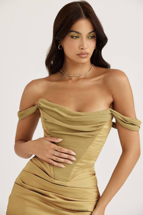 House of CB Natalya Olive Satin Corset Midi Dress Clothing 4H6N459