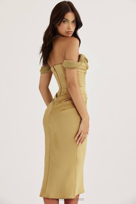 House of CB Natalya Olive Satin Corset Midi Dress Clothing 4H6N459