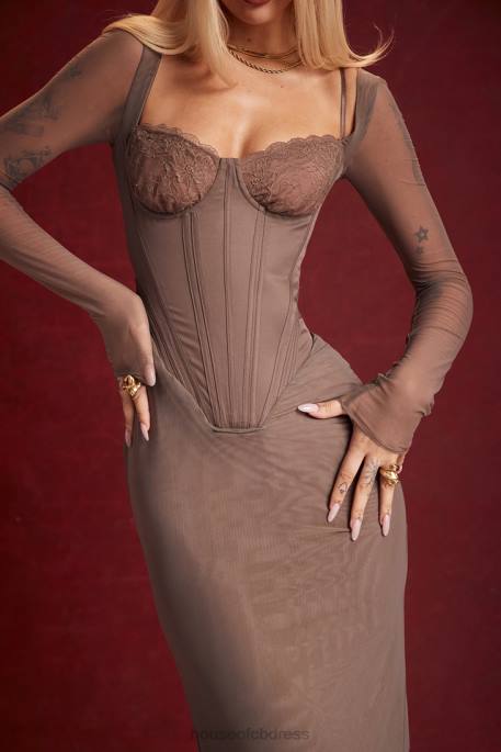 House of CB Safran Mocha Corset Midi Dress Clothing 4H6N118
