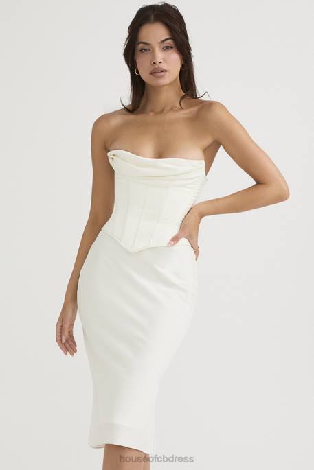 House of CB Sienna Ivory Satin Strapless Corset Midi Dress Clothing 4H6N471