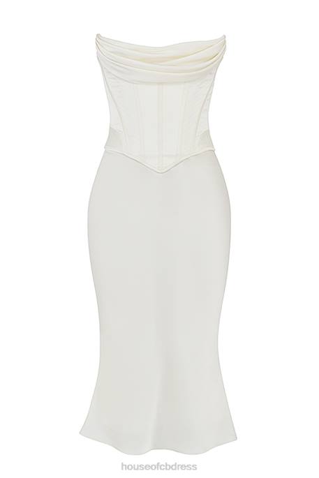 House of CB Sienna Ivory Satin Strapless Corset Midi Dress Clothing 4H6N471